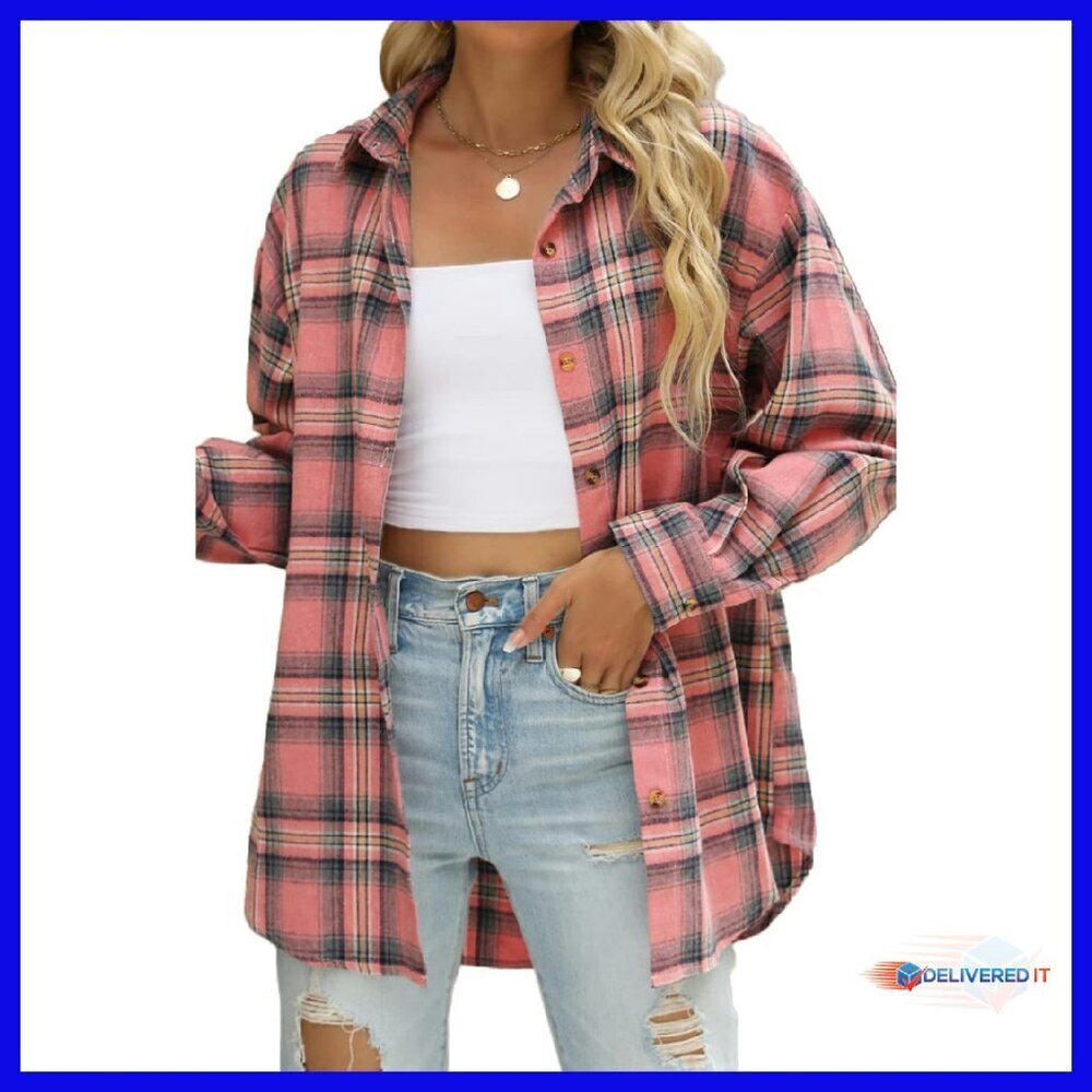 Long Sleeve Button Down Flannel Shirt Plaid Shacket Business Casual